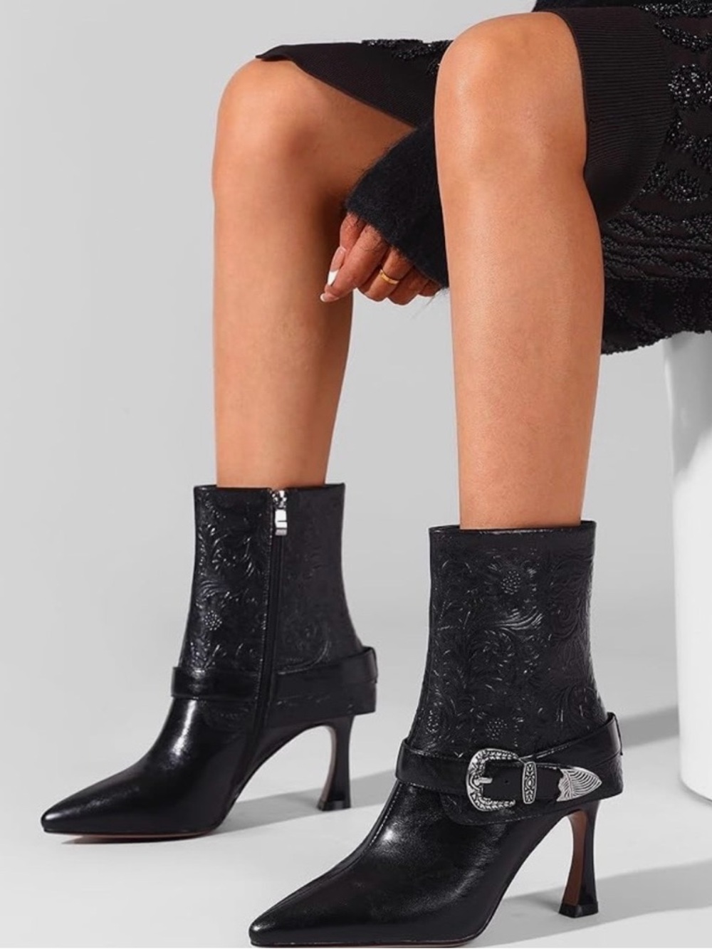 Black Embossed Pointed-Toe Heeled Ankle Boots with Silver Buckle